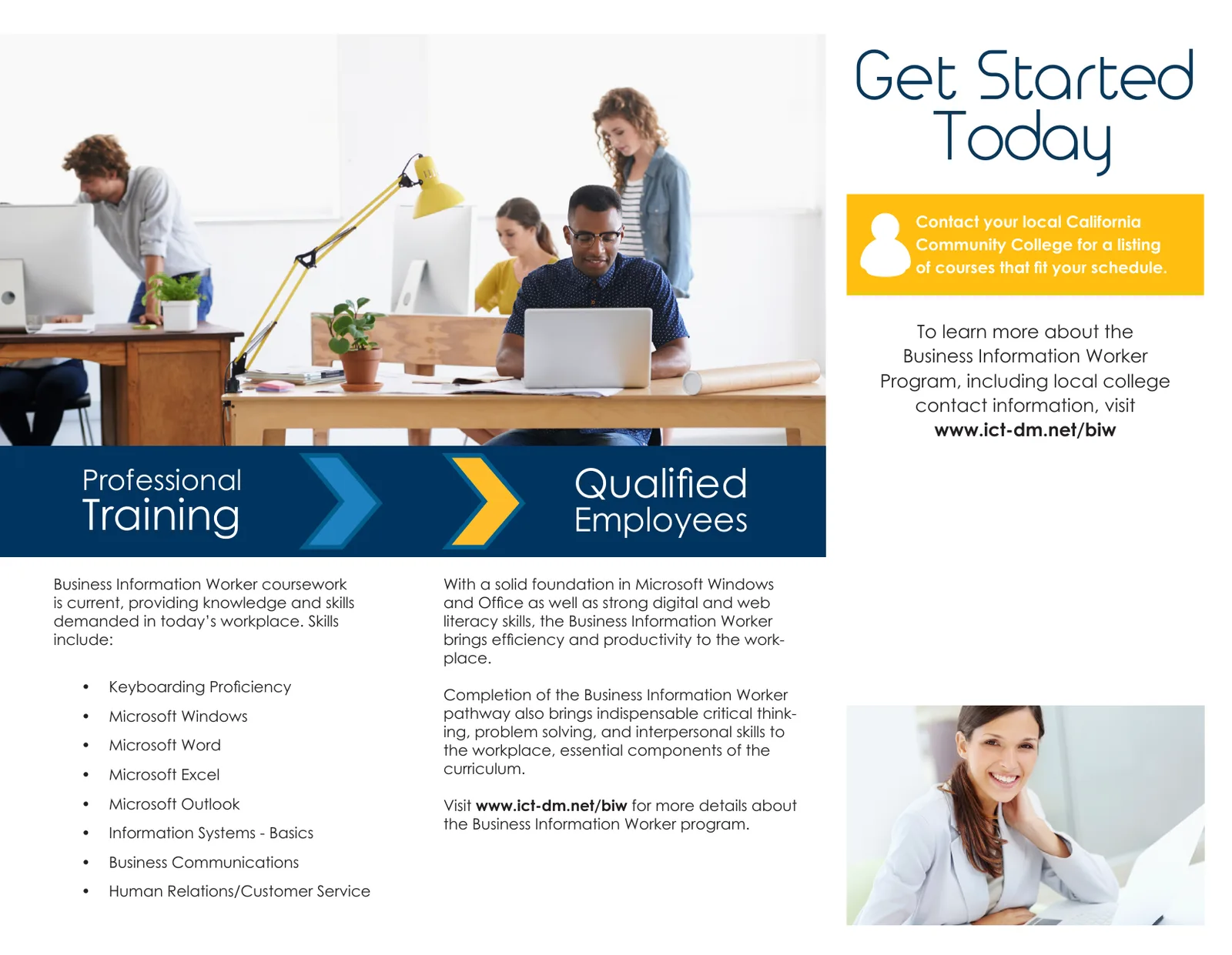 Interior of the Business Information Worker trifold brochure listing the pathway's skills.