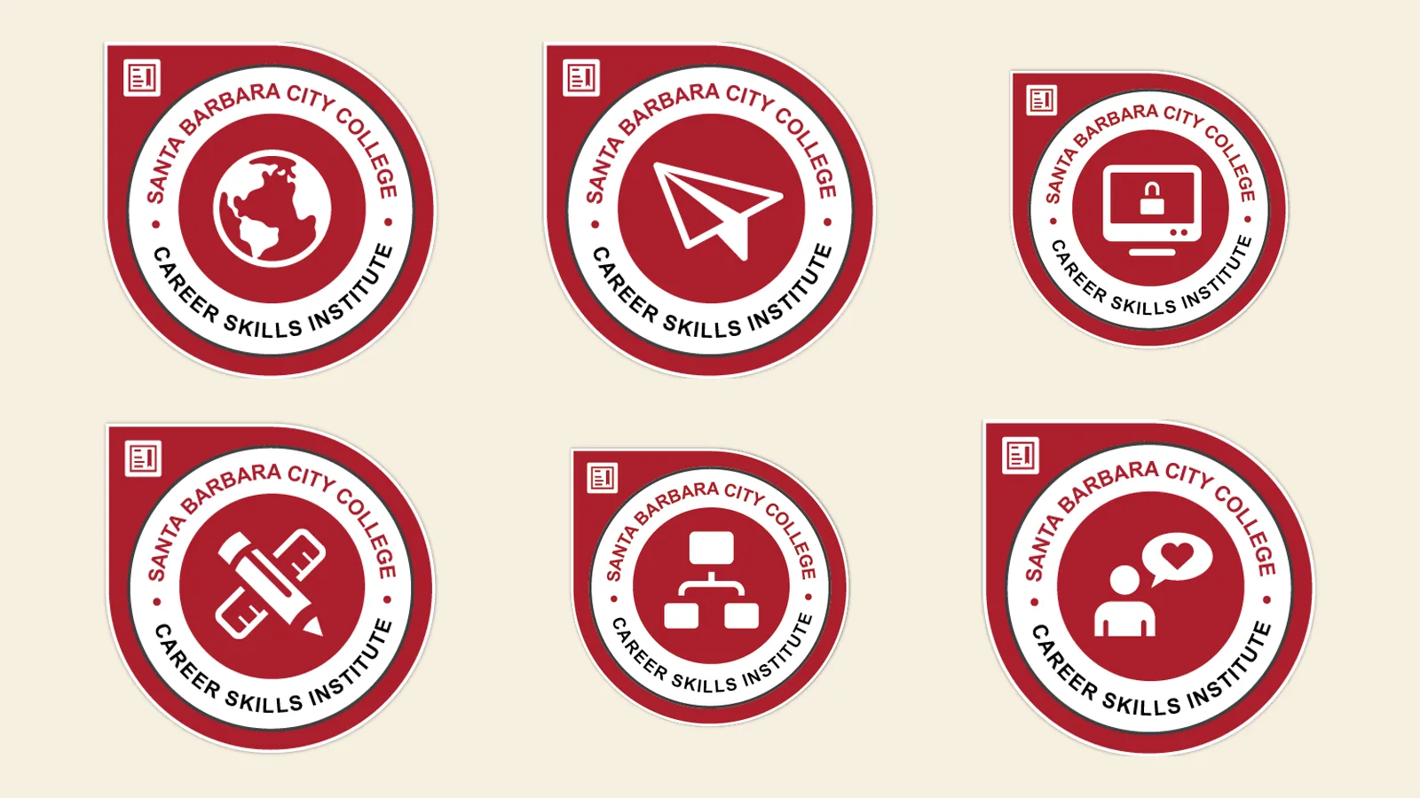 Six red Santa Barbara City College Career Skills Institute badges arranged on cream.