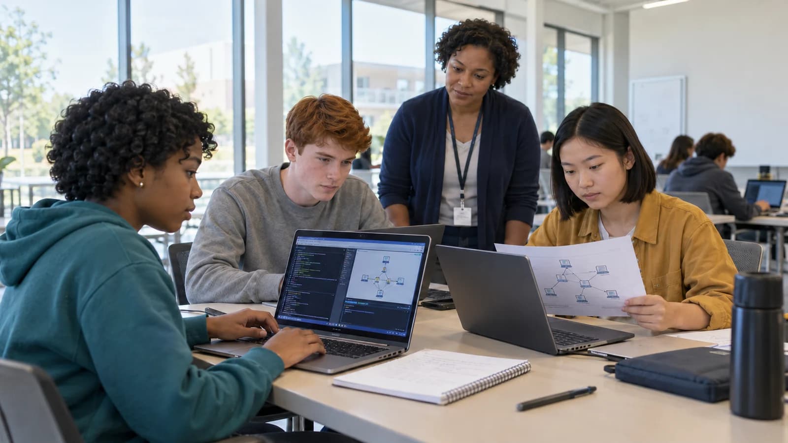 A student cyber team collaborates at modern laptops while a coach supports their investigation.