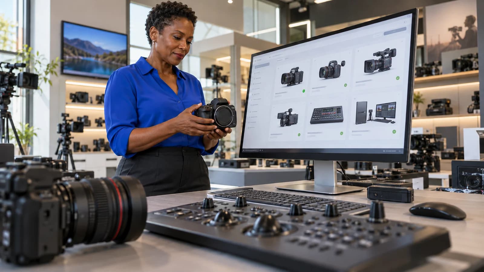 A media-equipment specialist connects an online product catalogue with broadcast and post-production equipment in a showroom.