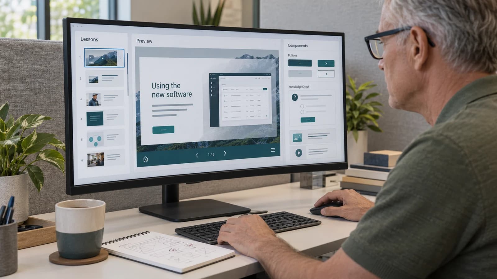 An instructional designer assembles reusable course navigation and learning components on a modern authoring workstation.