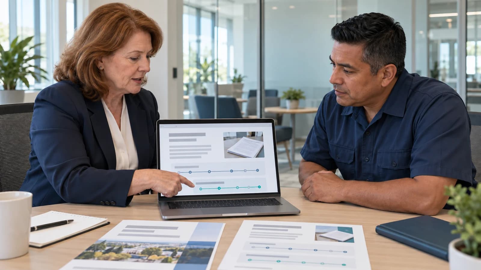 Public-agency professionals review a digital case study and program information in a contemporary municipal office.