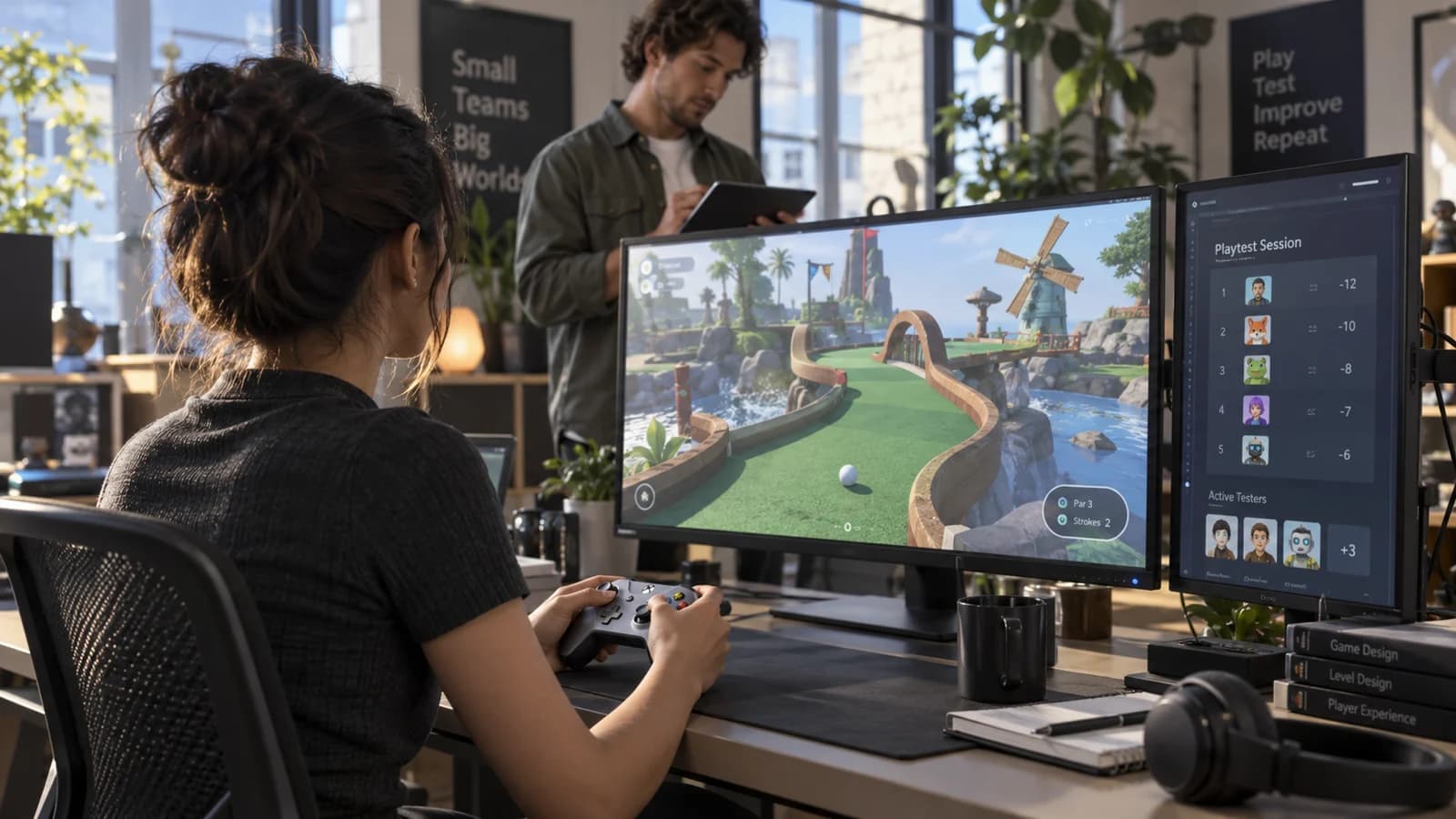 A game tester plays a miniature-golf game beside a leaderboard testing screen.