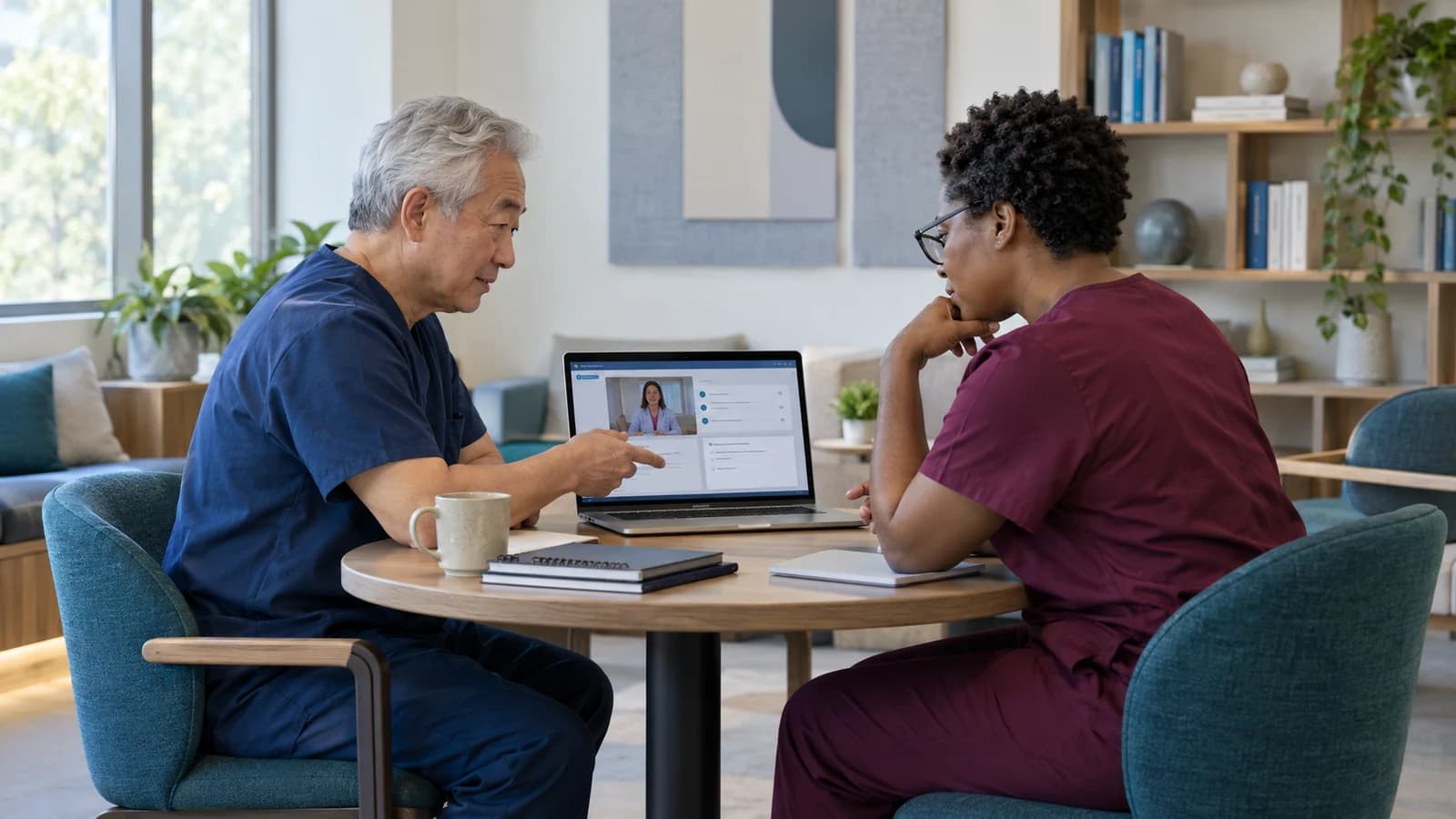 Two adult health professionals discuss an online continuing-education lesson together.