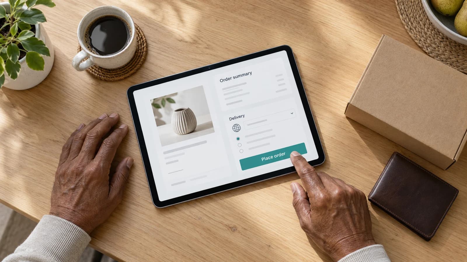 A customer places an online order and chooses delivery on a tablet.
