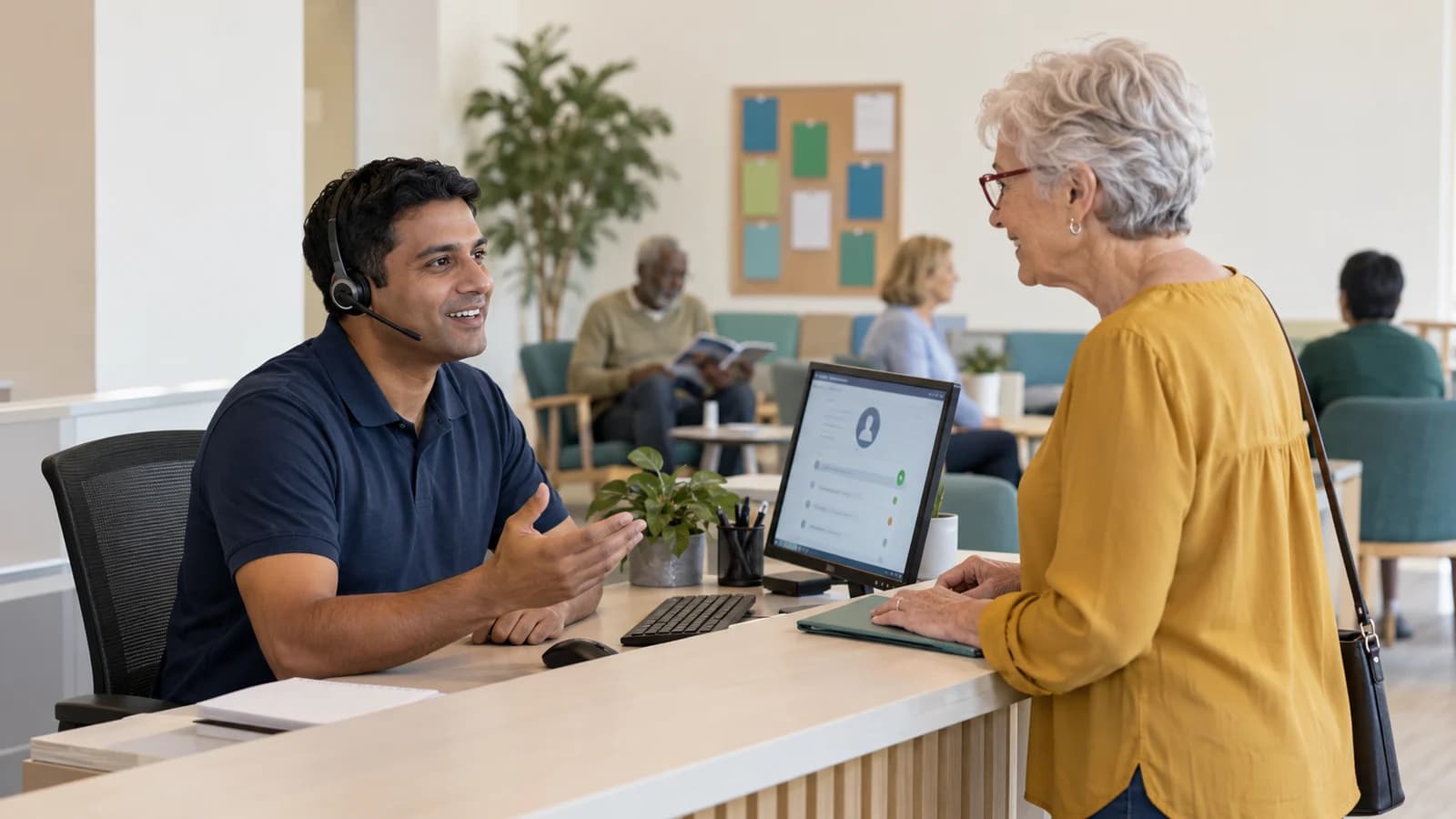A member-services agent helps an older member at a welcoming help desk.