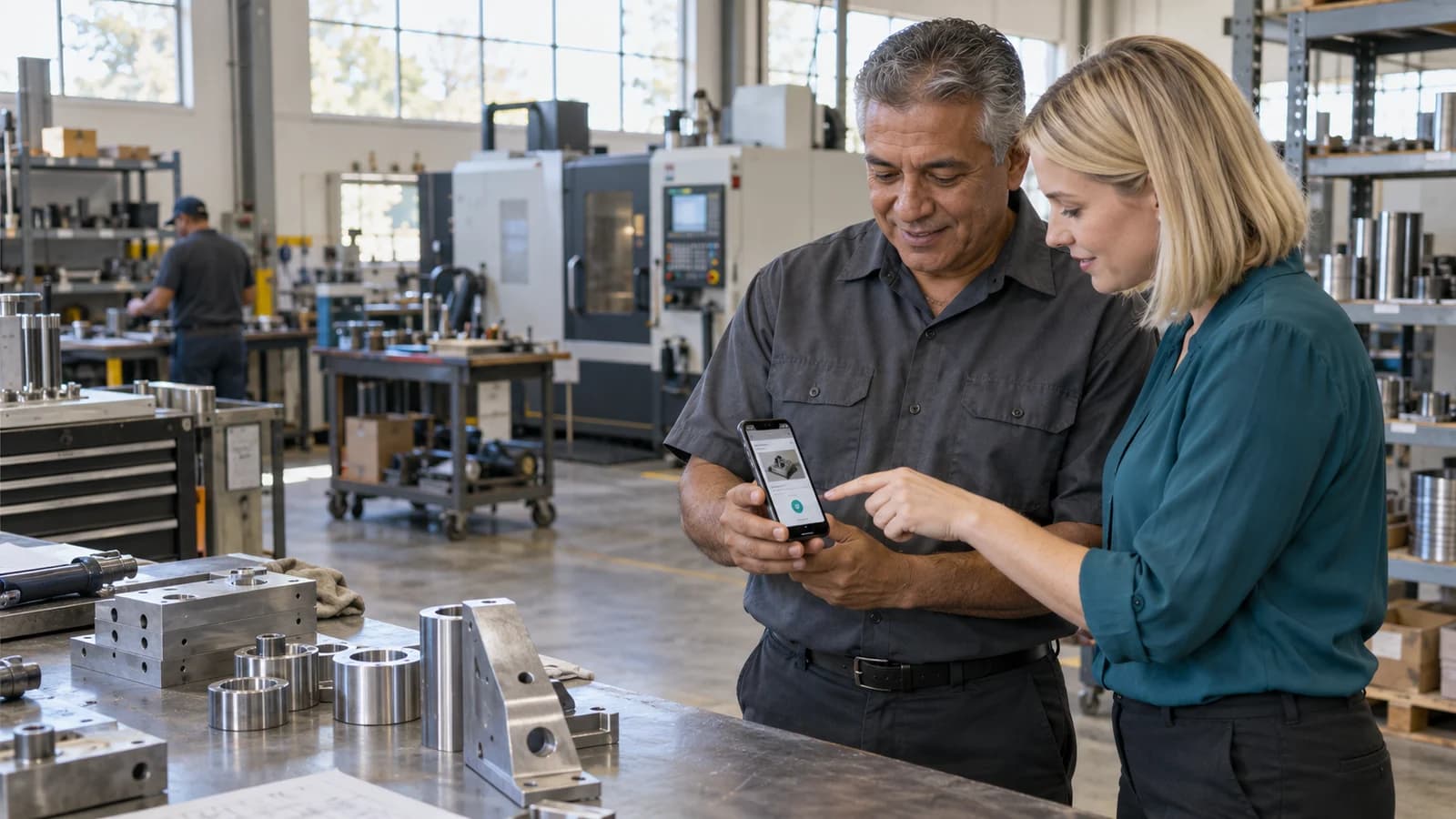 A fabrication-business owner and colleague review a customer newsletter in their workshop.