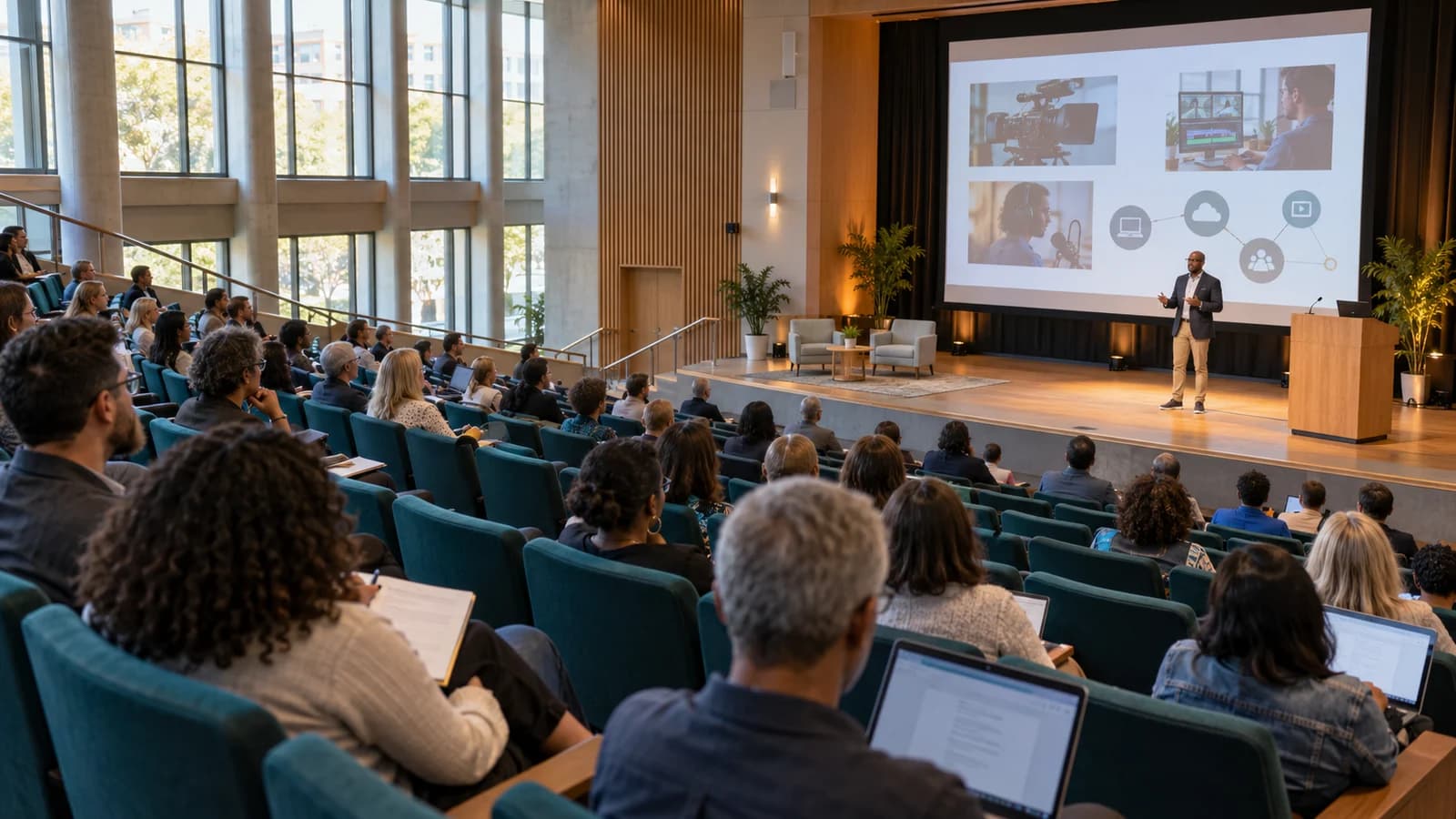 Educators and industry partners gather for a digital-media conference keynote in a modern college auditorium.