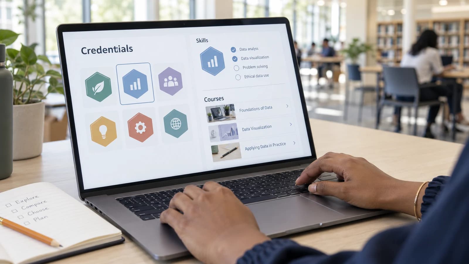 A learner compares digital credentials and their course requirements in a contemporary badge catalogue.