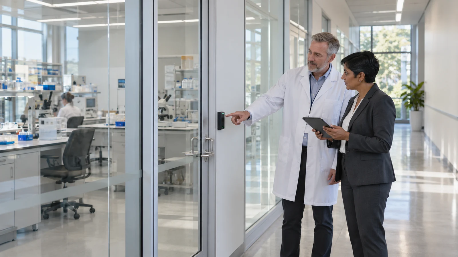 A risk analyst and biotech operations lead review access and policy responsibilities during a facility walkthrough.