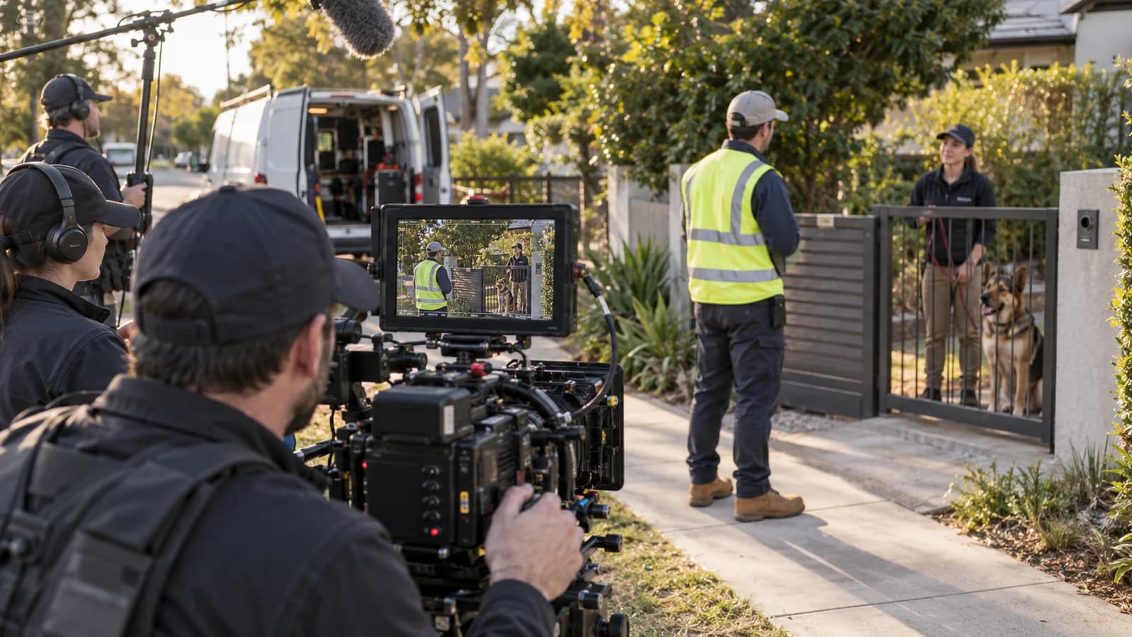 A production crew films a controlled dog-bite safety lesson for utility field workers.