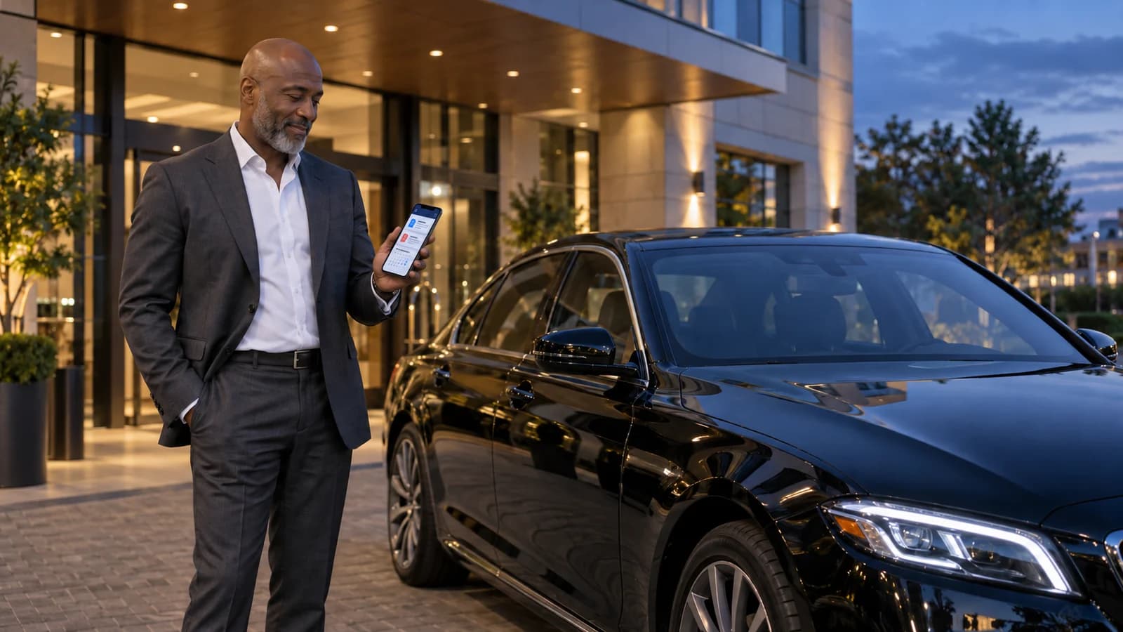 A transportation operator uses member resources beside a modern executive sedan.