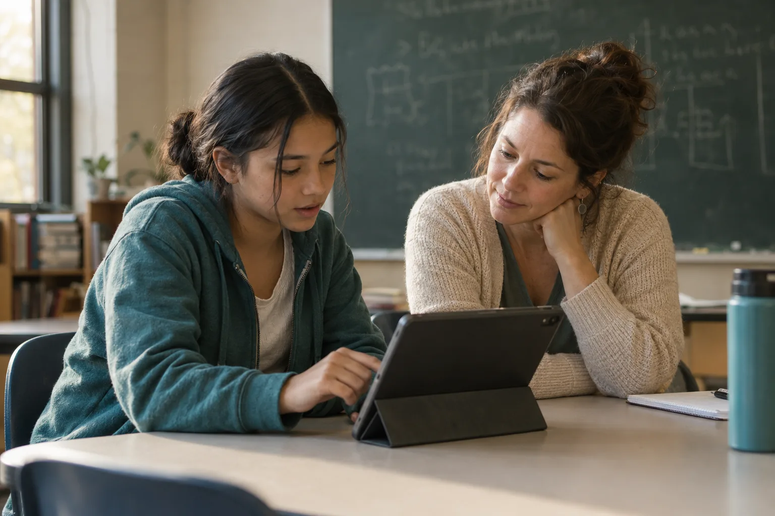 A learner and a mentor working together over a tablet in a modest classroom.