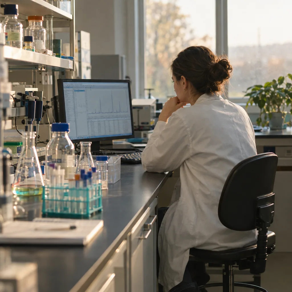Lab bench, researcher at a workstation.