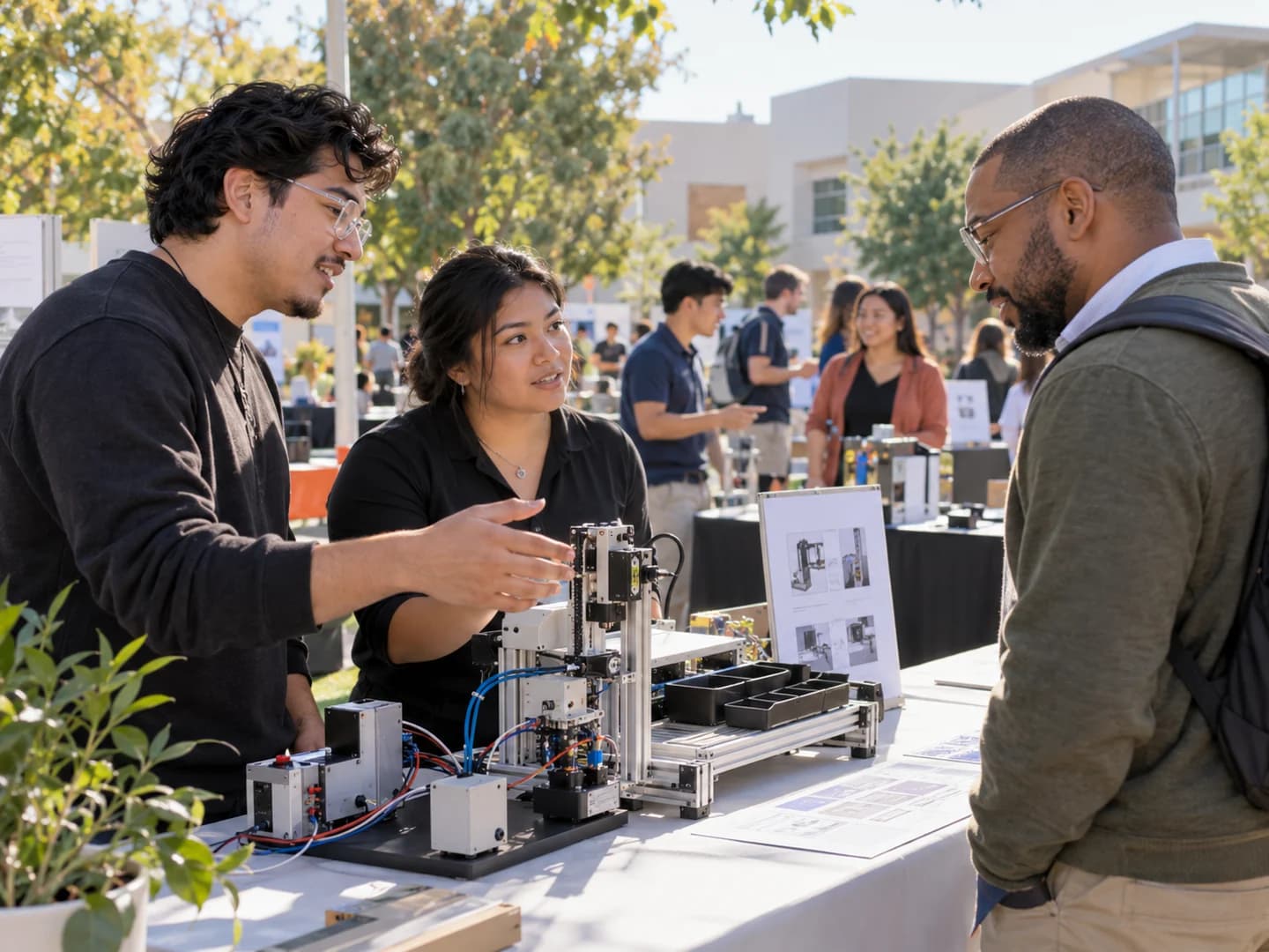 Adult learners demonstrating an automation prototype to an employer at a community-college career and skills showcase.
