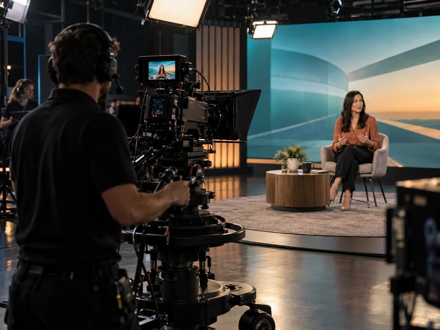 Broadcast camera operator filming a presenter on a contemporary studio set with an LED backdrop.